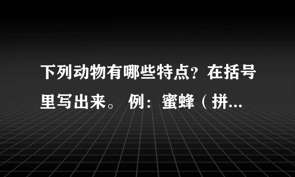 下列动物有哪些特点？在括号里写出来。 例：蜜蜂（拼命三郎）