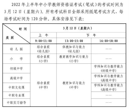 教师资格证考试时间2022上半年