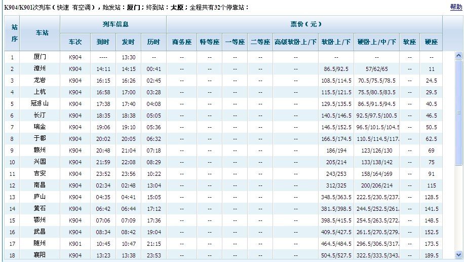 K904火车行驶路线，各个站点…