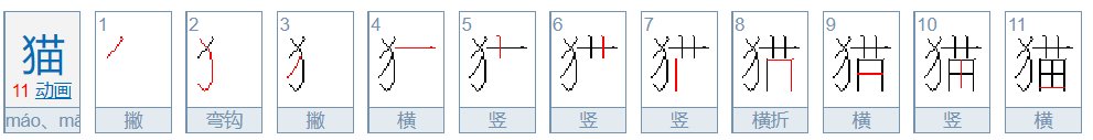 猫笔顺笔画顺序表