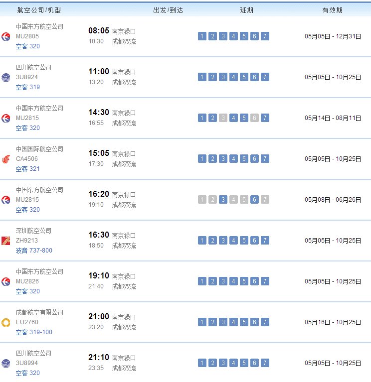 南京禄口机场到成都双流机场五月十二日航班时刻表及票价