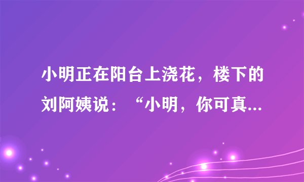 小明正在阳台上浇花，楼下的刘阿姨说：“小明，你可真爱美啊，我刚晾的被单也锦上添花了。”