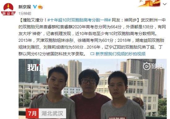 近10年超10对双胞胎高考分数相同